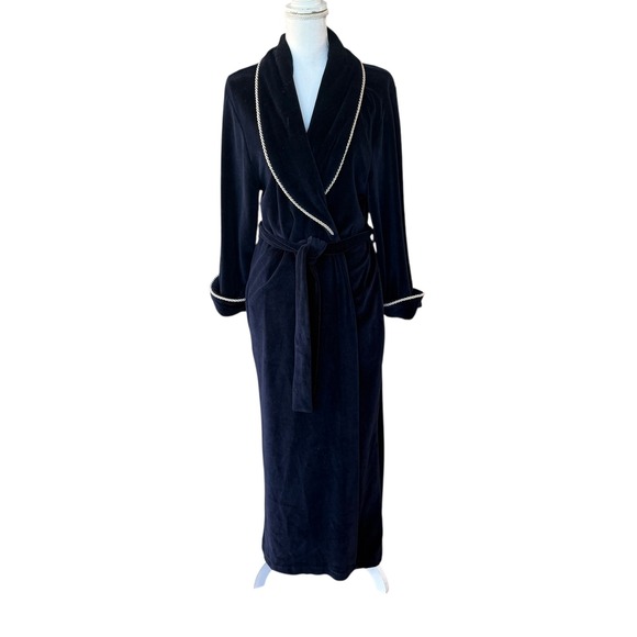 Diamond Tea Velvet Robe Navy Blue Petite Long Sleeve Tie Waist - Picture 2 of 10